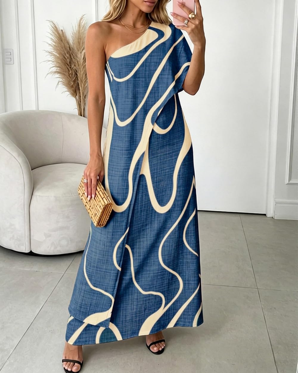CHICME Maxi Dresses for Women Abstract Print Summer Dress | Womens Summer Dresses, One Shoulder Boho Dress with Pockets, Faux 2 Piece Casual Dresses, Vacation, Beach Dress Wedding Guest