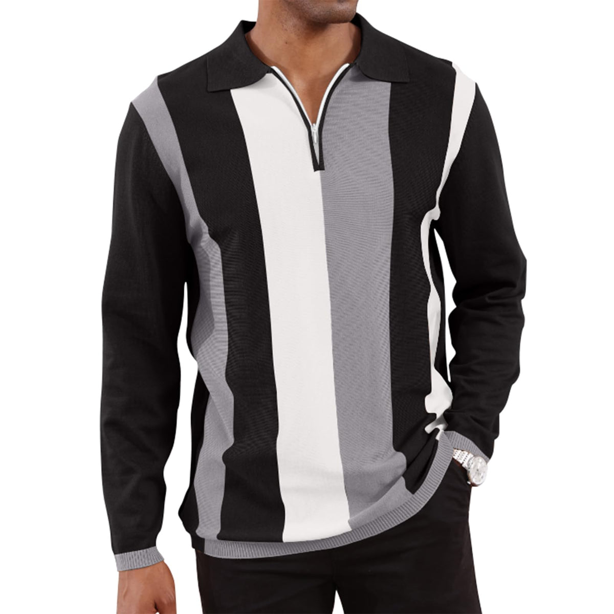 CTU Mens Casual Polo Shirts Vintage Striped Knit Golf Shirts Slim Fit Tops | Fashion,Pullover Dress Shirts,Collared with Zipper,Short Sleeve,Color Blocking,Suit for Daily Casual,Business,Work,Golf