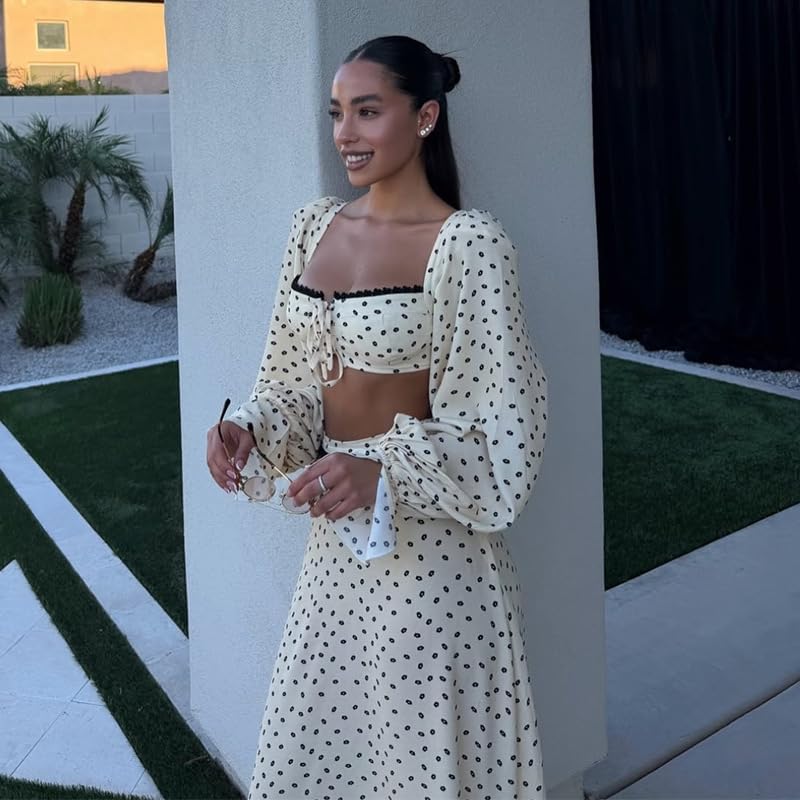 THLAI Womens Boho Two Piece Polka Dot Crop Top & Maxi Skirt Set With Long Sleeve Shrug Vacation Outfit