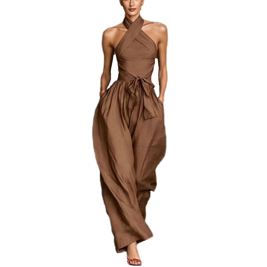 Backless Rompers for Women Casual Ink Printed Sleeveless High Waist Wide Leg Jumpsuit Sexy Halter Boho Vacation Party Outfits