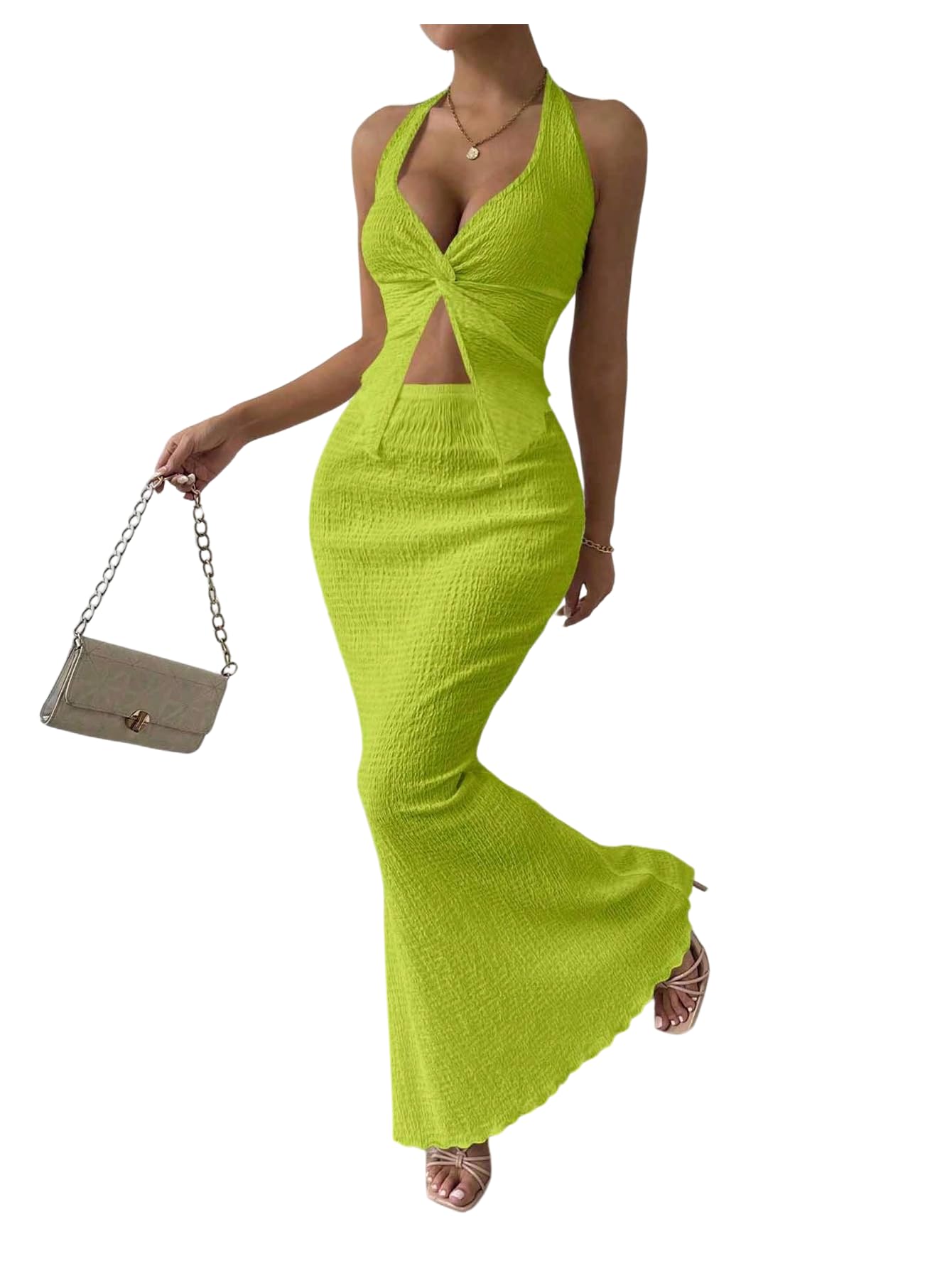 SOLY HUX Women's 2 Piece Outfit Twist Front Halter Cami Skirt Summer Set | Summer Vacation Outfits, Maxi Skirt Set