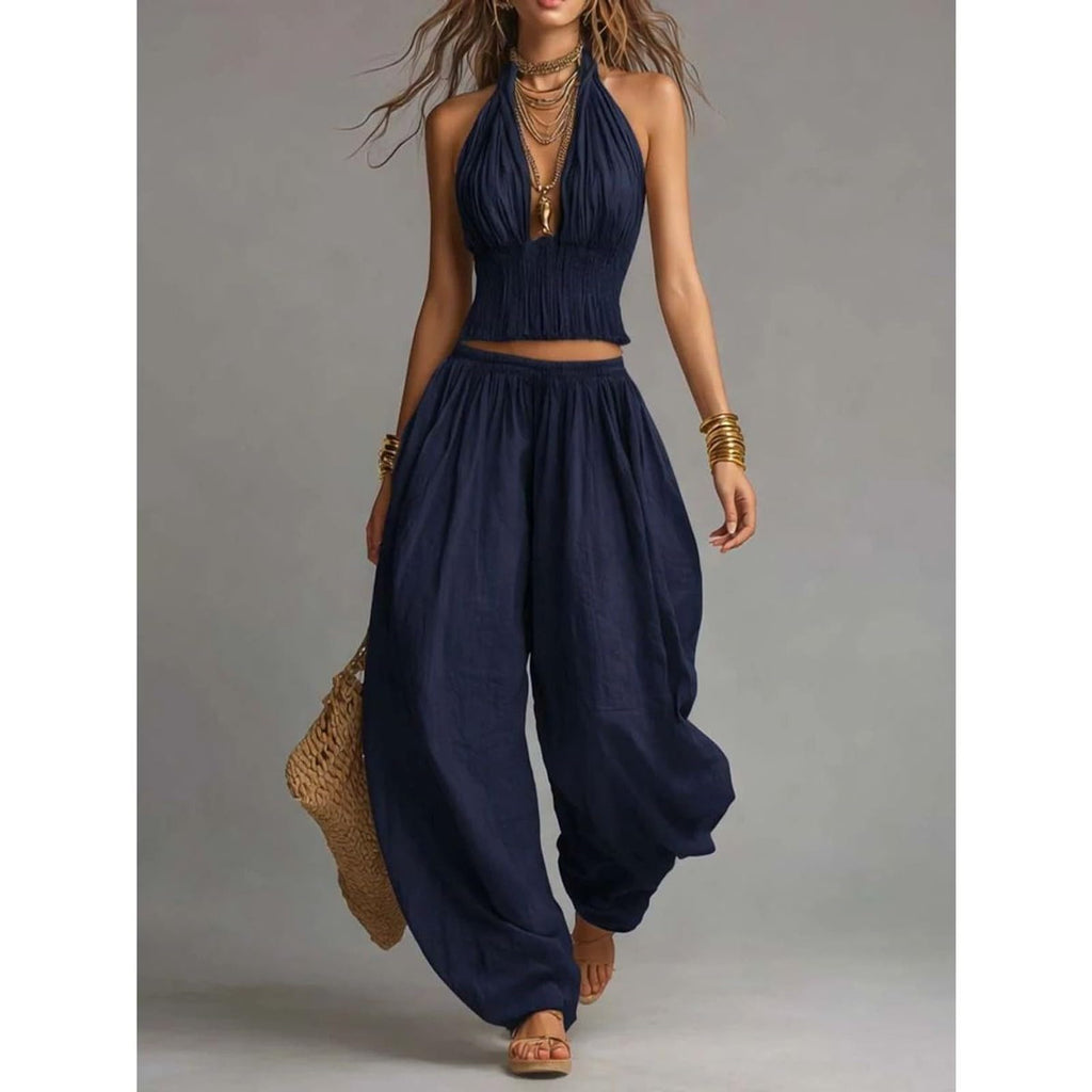 2 Piece Outfit for Women Sleeveless Crop Top and Wide Leg Pants Set Summer Loose Smocked Casual Beach Matching Sets