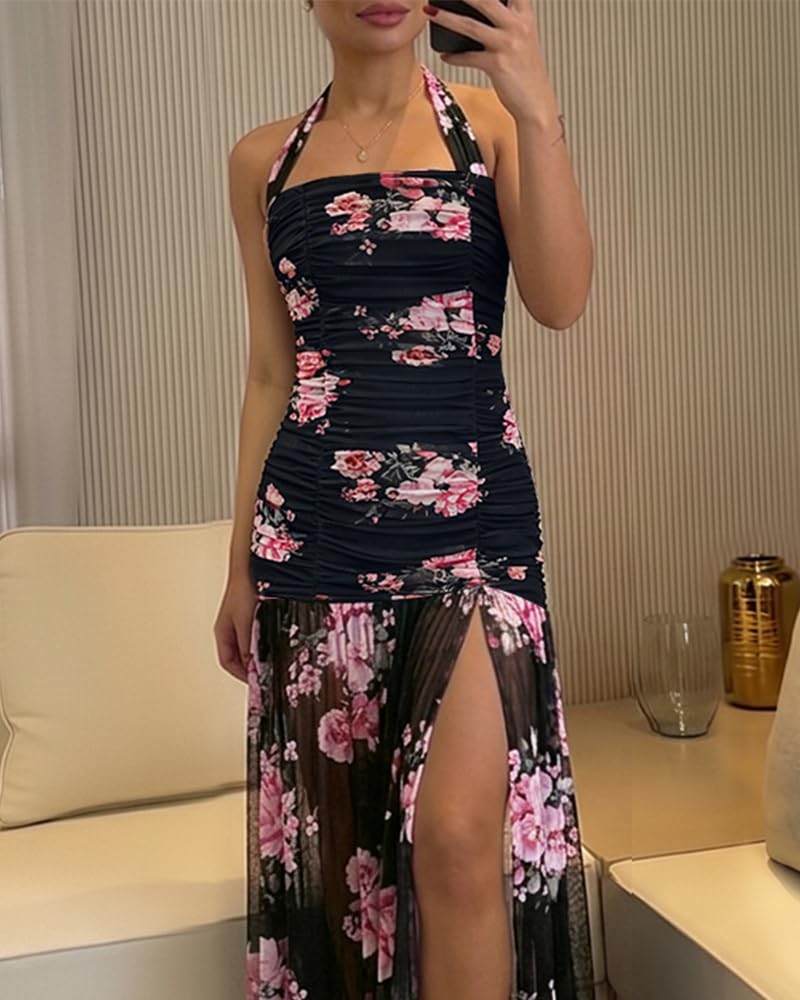 CHICME Women's Summer Halter Maxi Dresses Elegant Backless Dress | Ruched Elegant Party Dress Slit Mermaid Hem Vacation Dress Dressy Clothing for Outings & Evening Wear