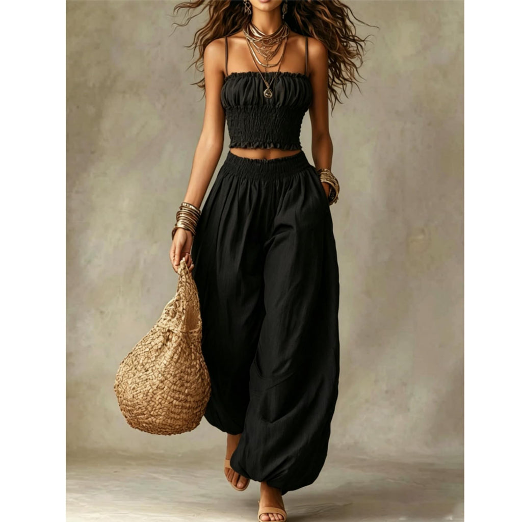 2 Piece Outfit for Women Sleeveless Crop Top and Wide Leg Pants Set Summer Loose Smocked Casual Beach Matching Sets