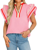 Cicy Bell Womens Ruffle Cap Sleeve Tops Summer V Neck Dressy Casual Blouses | Color Block, Boutique Tops, Pleated Shirt, Loose Fit, Wear to Work, 2026 Fall Outfits