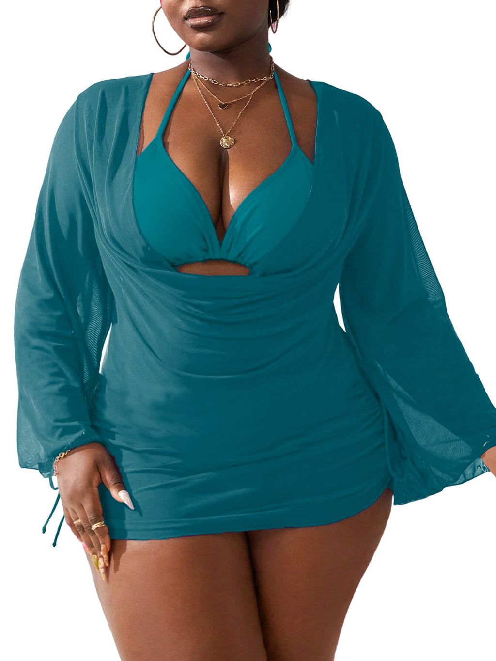 WODECASA Women's Plus Size 3 Piece Swimsuits Halter Triangle Bikini Set with Drawstring Semi Sheer Cover Up Bathing Suit