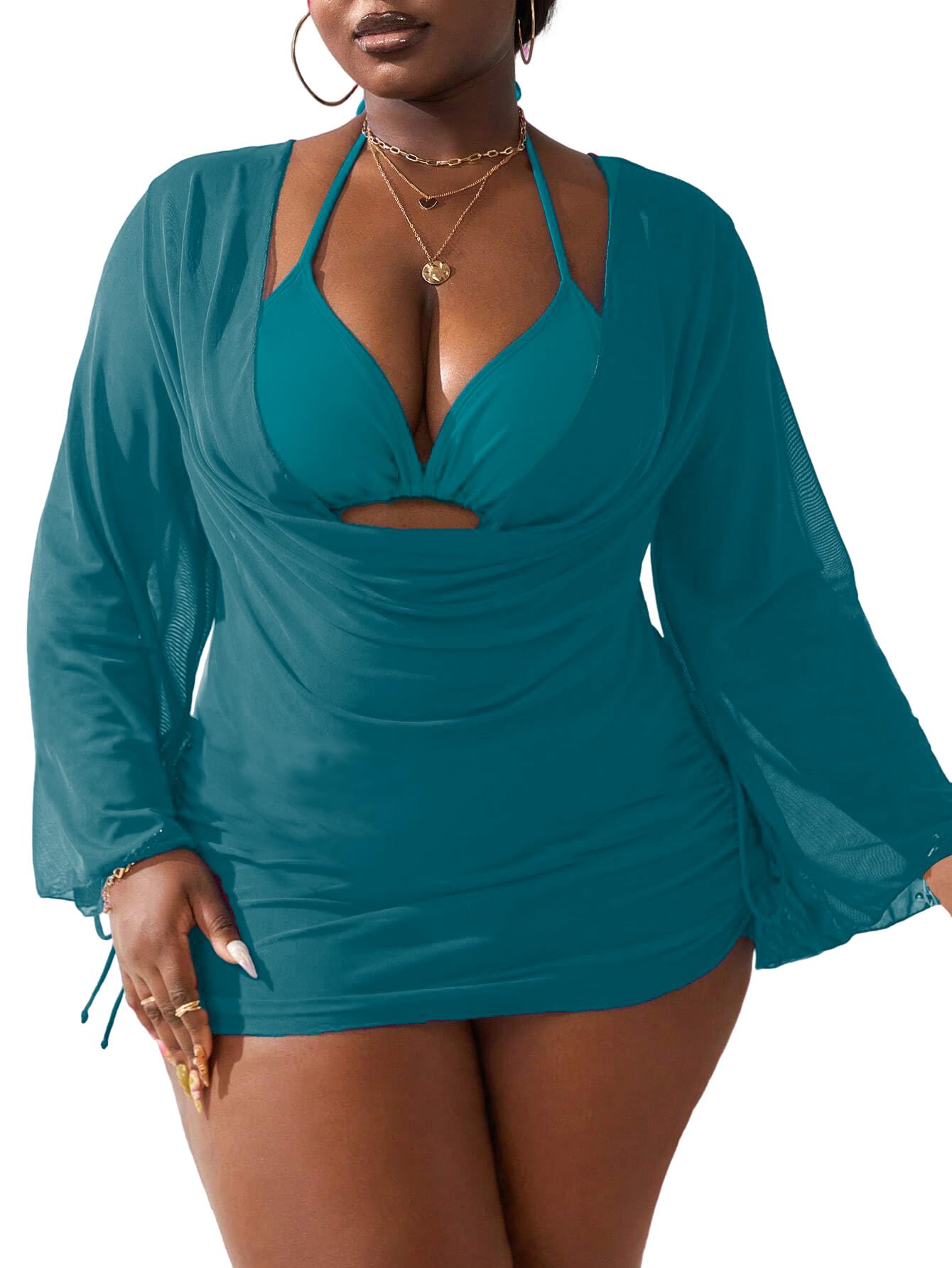 WODECASA Women's Plus Size 3 Piece Swimsuits Halter Triangle Bikini Set with Drawstring Semi Sheer Cover Up Bathing Suit