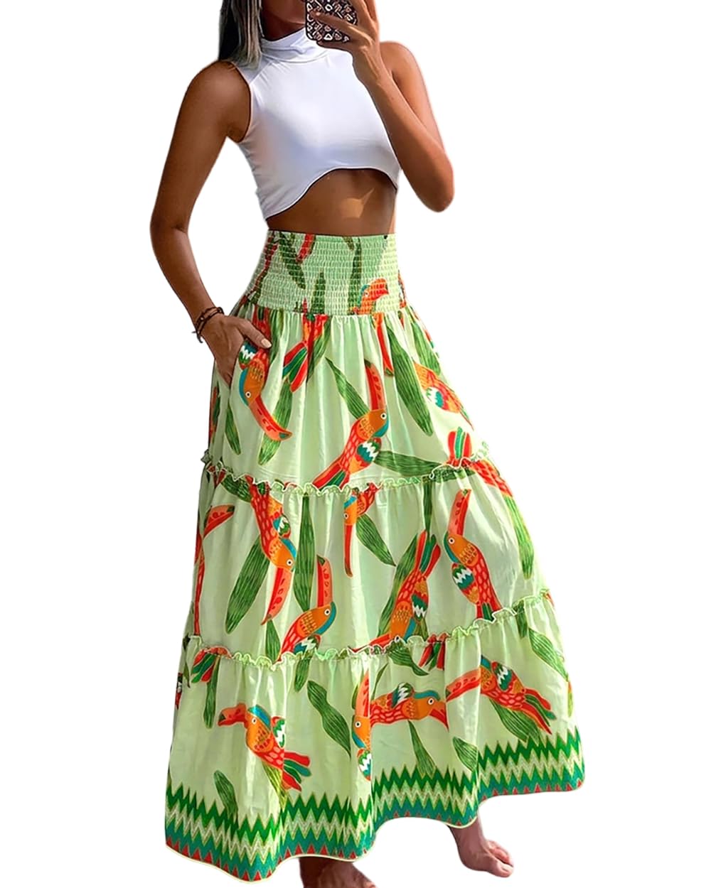 CHICME Women's Boho Floral Summer Maxi Skirt with Pockets Vacation Outfit | Shirred High Waist, Ruffle Hem, Lightweight Comfortable Fabric, A-Line Long Flowy Skirt for Beach, Travel & Daily Wear