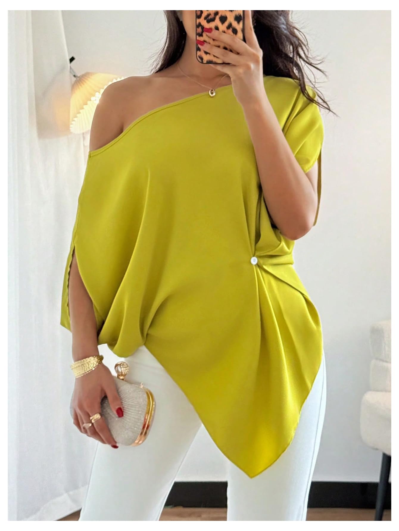 SHENHE Women's Off Shoulder Dolman Sleeve Blouses Asymmetrical Flowy Tops | Casual, Loose, Blouses With Waist Pleats, Asymmetrical, Elegant