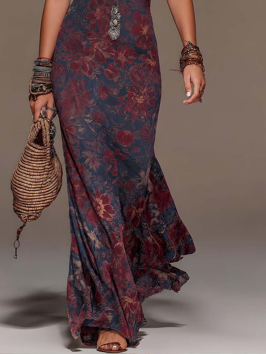 Women's Halter Maxi Dress Floral Backless Mermaid Long Dress for Summer Beach Vacation Western Party