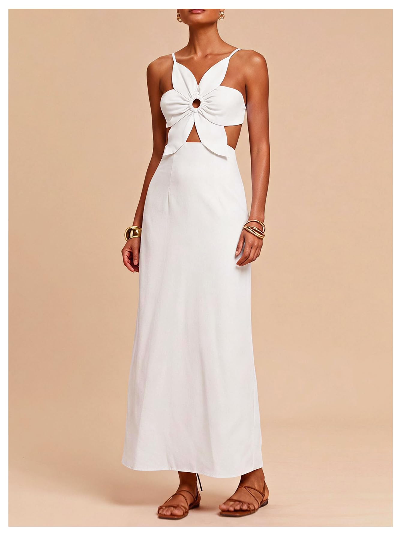 SHENHE Women's Petal Backless Linen Maxi Dress Cut Out Vacation Dresses | Keyhole, Spaghetti Strap, Open Back, Long Dress, Zipper, Summer, Date Night, Cami Dresses