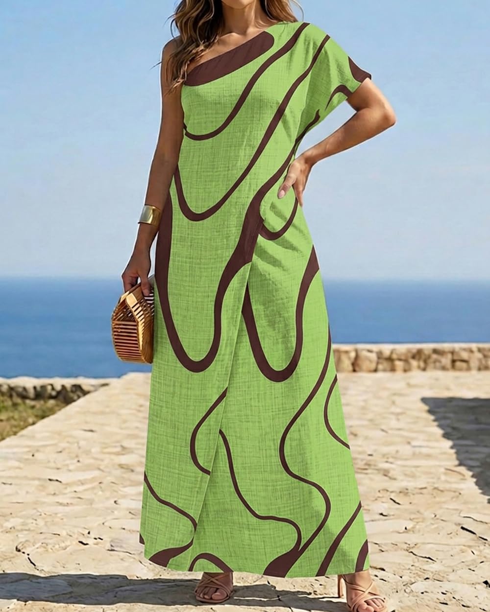 CHICME Maxi Dresses for Women Abstract Print Summer Dress | Womens Summer Dresses, One Shoulder Boho Dress with Pockets, Faux 2 Piece Casual Dresses, Vacation, Beach Dress Wedding Guest
