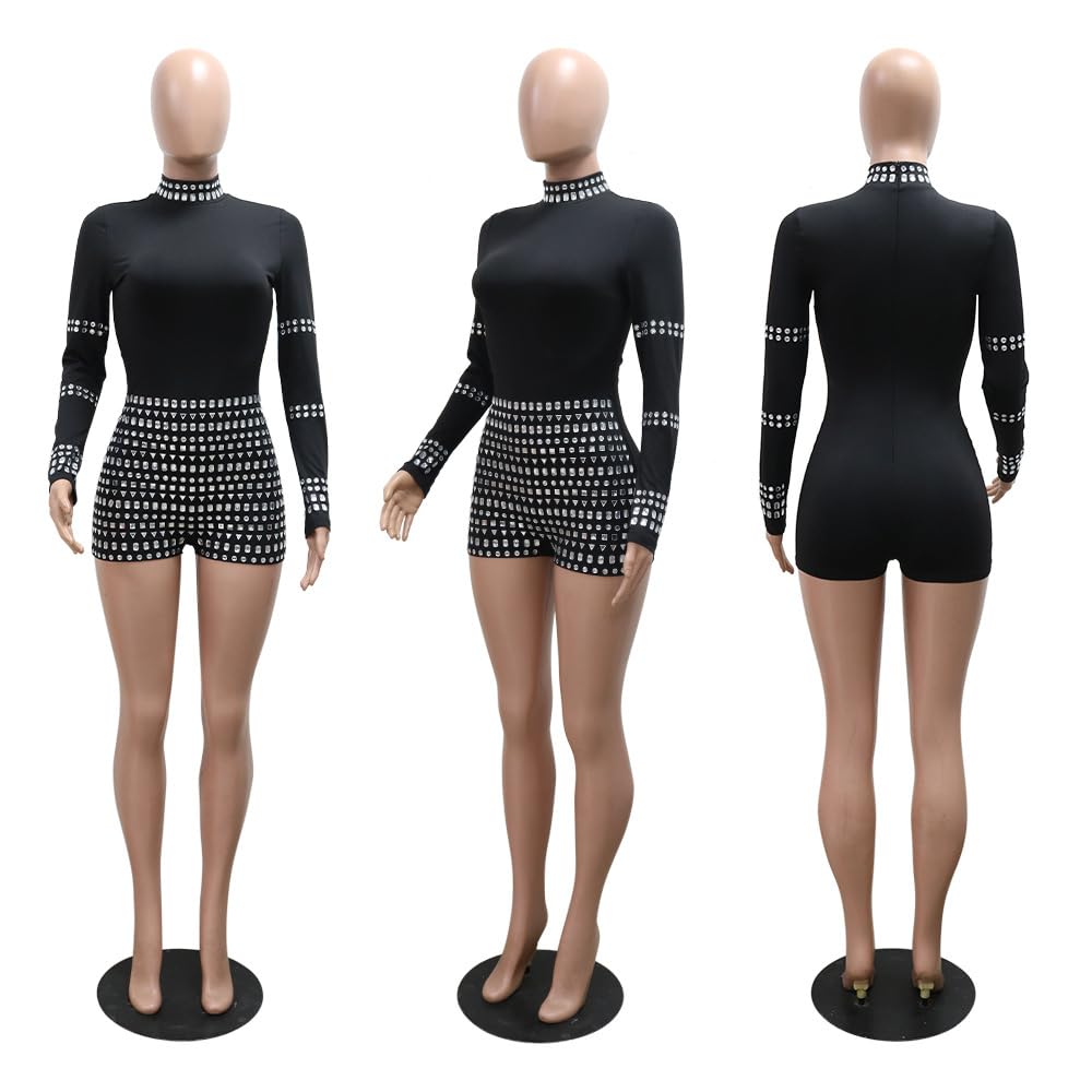 chicyes Women's Jumpsuits Sexy Long Sleeve Date Night Rompers Rhinestone Sparkly Party Club Spring Outfits Fall Concert