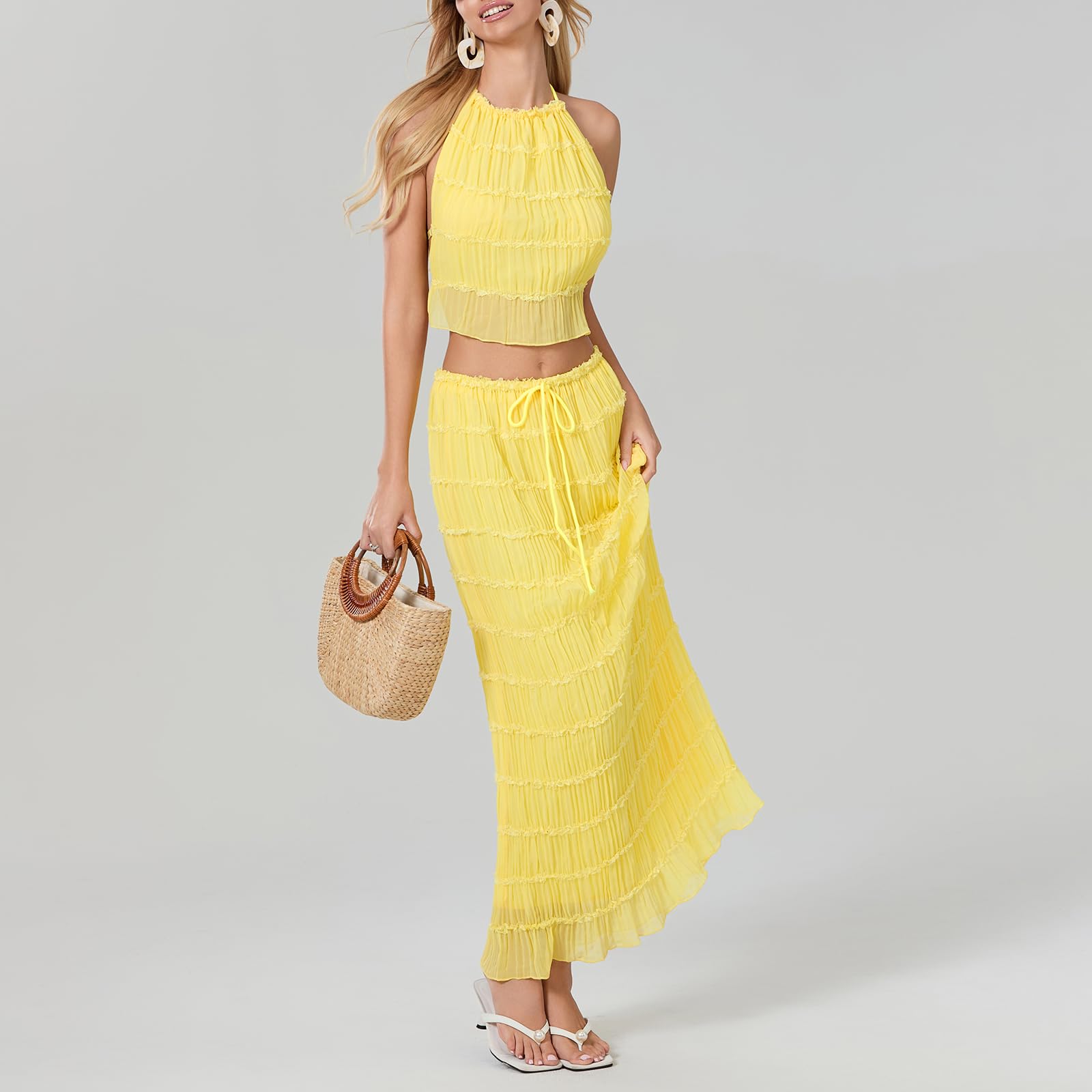 Women Y2K Skirt Set Outfits Strapless Crop Top Bodycon Midi Skirt Dress Sexy 2 Piece Knit Outfits Skirt Summer