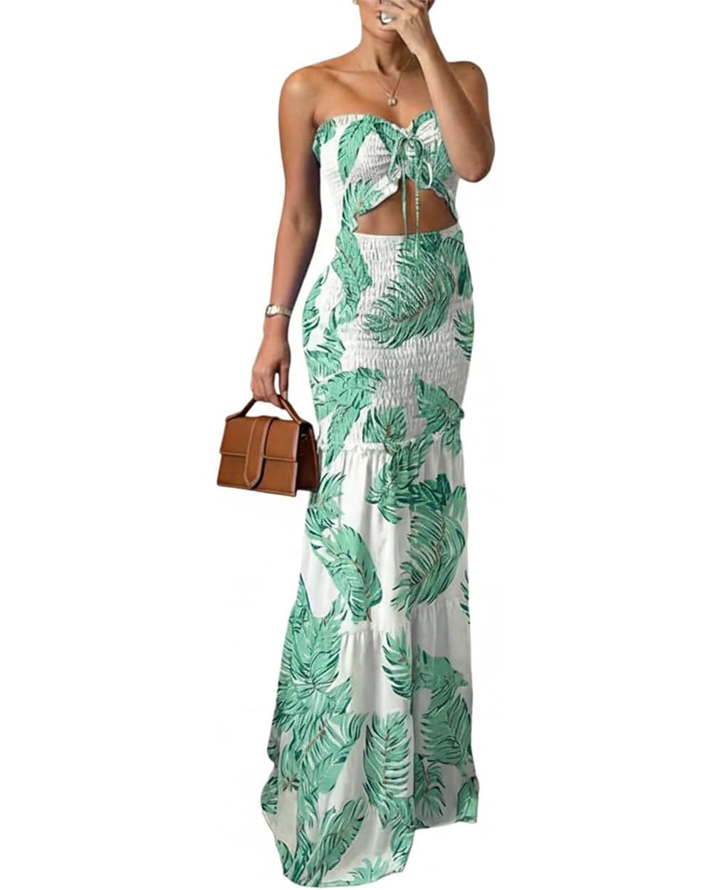 CHICME Floral Vacation Dress Halter Tie Ruched Womens Maxi Dress | Sleeveless Slim Dress, 3-Way Tie: Halter, Bow or Strapless,Ruffle Mermaid Hem for Party,Vacation,Wedding Guest