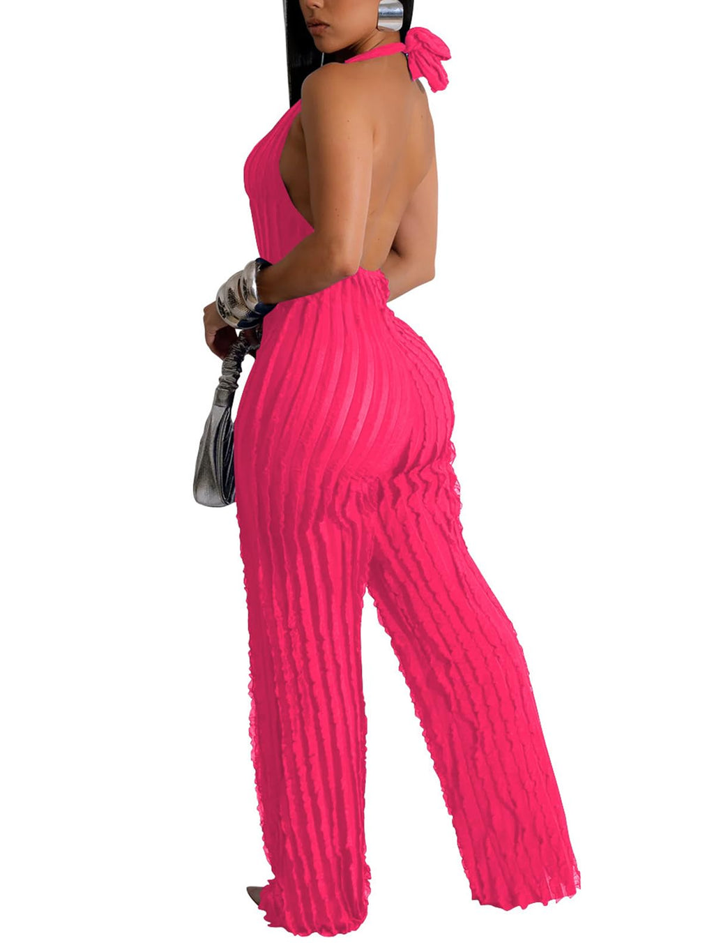 YBSKG Summer Halter Backless Jumpsuits for Women One Piece Wide Long Pants | Sexy See Through V Neck Tie Pleated One Piece Wide Leg Long Pants Romper