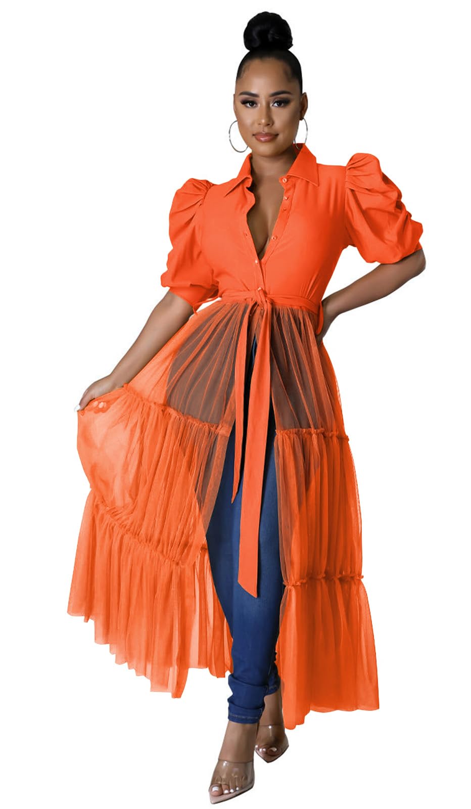 Ekaliy Women's Ruffle Blouse Shirt Asymmetrical Tunic Dress with Belt | Short sleeve,Bodycon,Ruffle,Club ,Party outfits,Asymmetrical Irregular Hem,Tops Blouse Shirt Dress