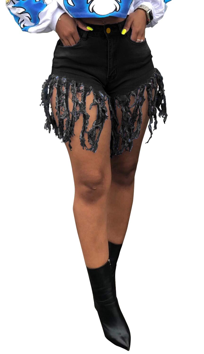 Women's Denim Shorts High Waisted Frayed Raw Hem Ripped Short Jeans | Fringe,Summer,Stretchy,with Pockets