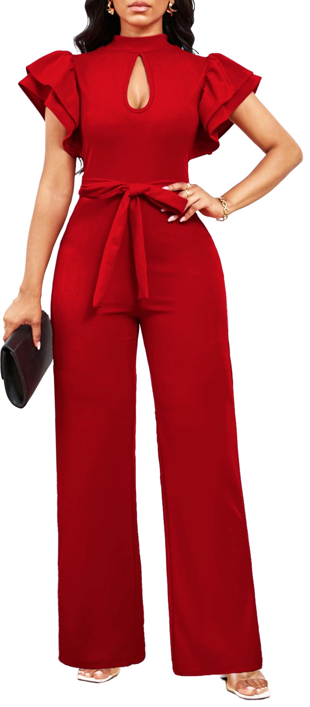 SxClub Jumpsuits for Women Dressy Formal Ruffle Long Straight Pants Jumpers | Women's Wedding Guest Jumpsuit Casual Ruffles Cap Short Sleeve Wide Leg Pants Club Outfit