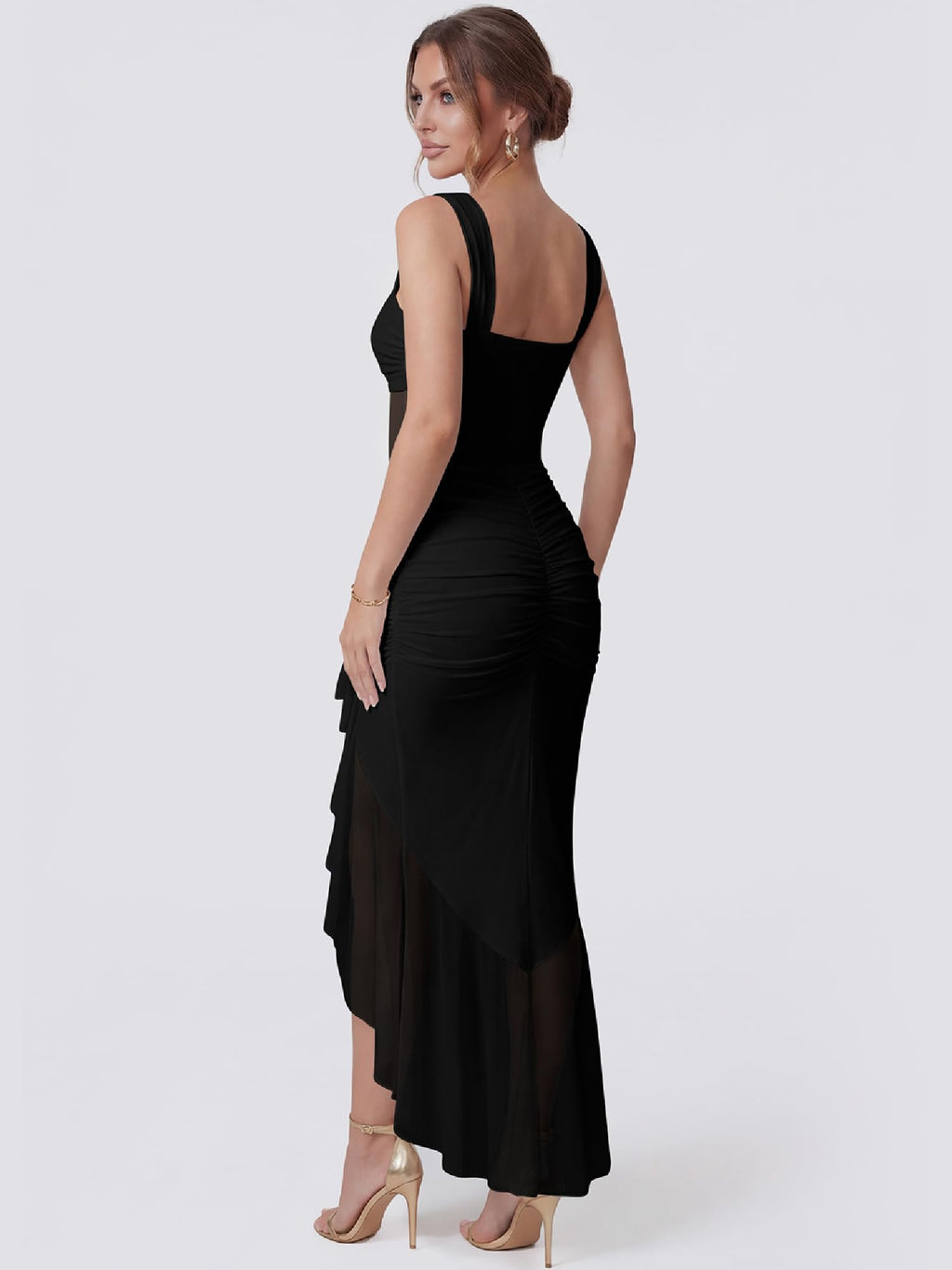 DAAWENXI Women's Sexy Mesh Sheer Ruched Ruffle Club Party Midi Dress | Square Neck,Date Night,Bodycon,See Through,Going Out,Sleeveless,Slim,Cocktail,Tank Dress,Women's Club Night Out Dress