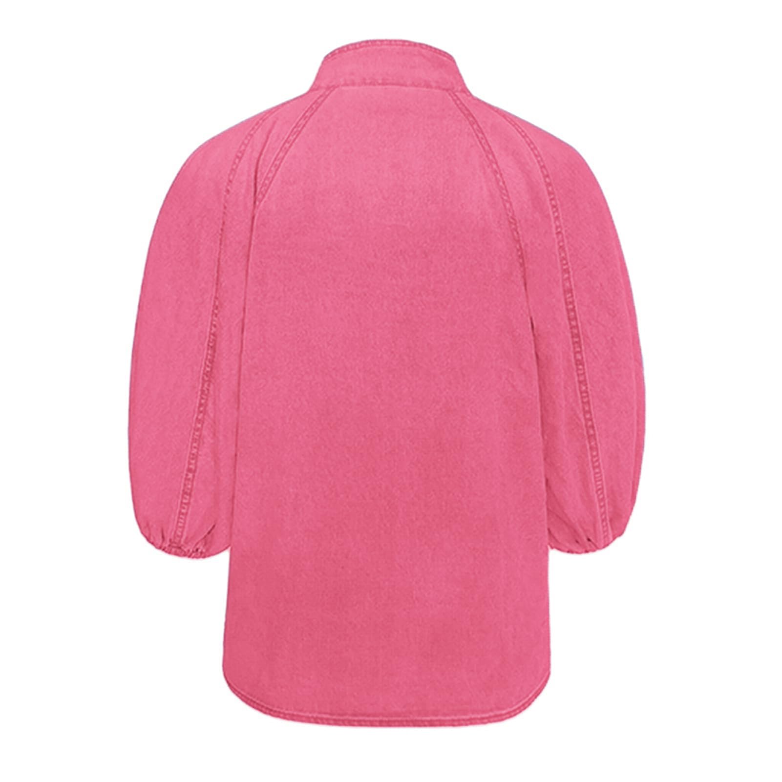 Women's Bow Design Denim Pullover Top Button Up High Neck Fashionable Jacket with Elastic and Puff Sleeves