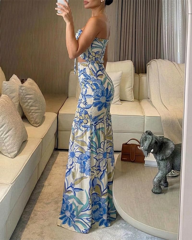 CHICME Floral Vacation Dress Halter Tie Ruched Womens Maxi Dress | Sleeveless Slim Dress, 3-Way Tie: Halter, Bow or Strapless,Ruffle Mermaid Hem for Party,Vacation,Wedding Guest