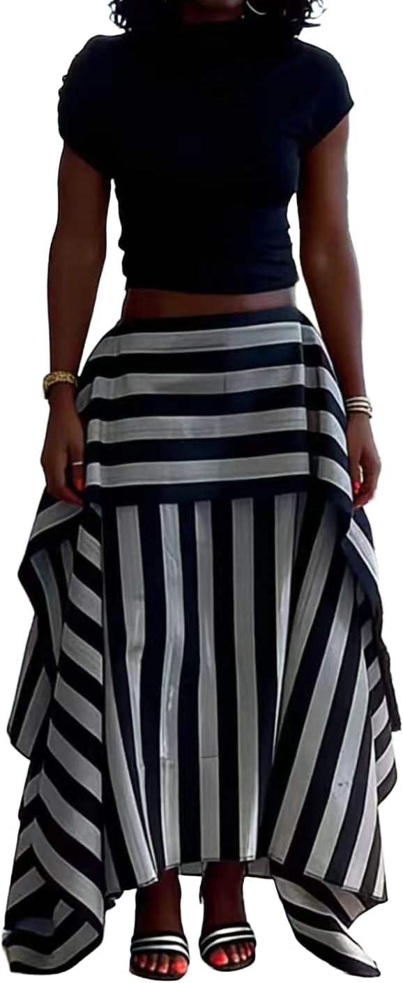THLAI Skirts for Women Striped Print Patchwork Ruffle Hem Flowy Long Maxi Skirt High Waist Casual Vacation Streetwear