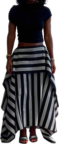 THLAI Skirts for Women Striped Print Patchwork Ruffle Hem Flowy Long Maxi Skirt High Waist Casual Vacation Streetwear