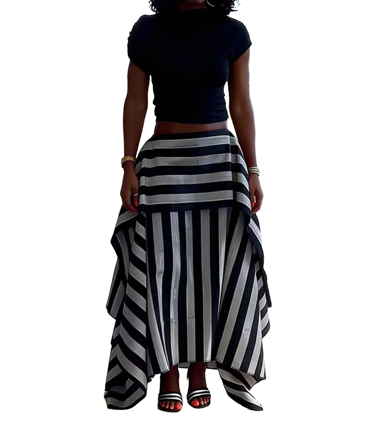 THLAI Skirts for Women Striped Print Patchwork Ruffle Hem Flowy Long Maxi Skirt High Waist Casual Vacation Streetwear