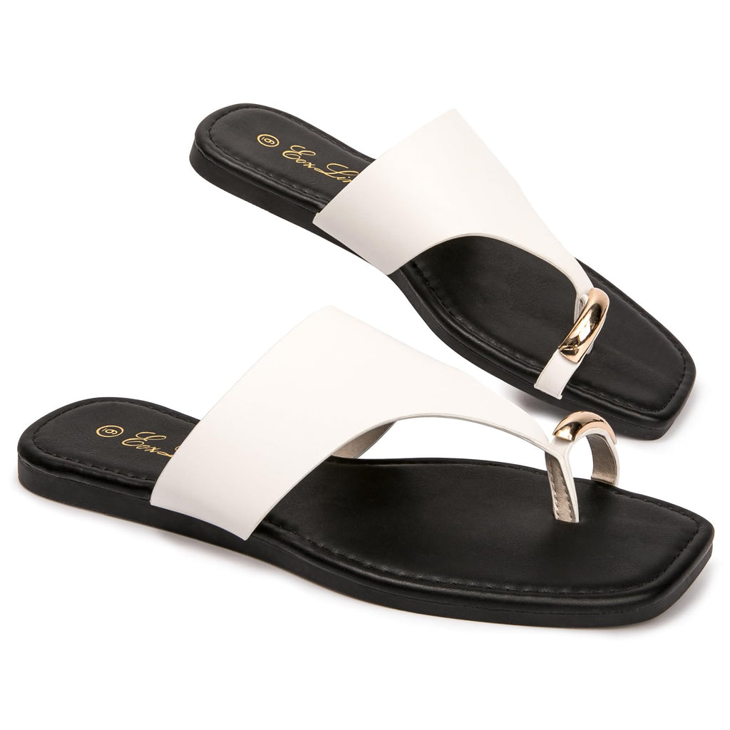 Eozlink Women's Toe Ring Flat Sandals, Slip On Dressy Summer Slides | PU Upper with Square Toe and Metal Accent for Resort and Casual Outfits
