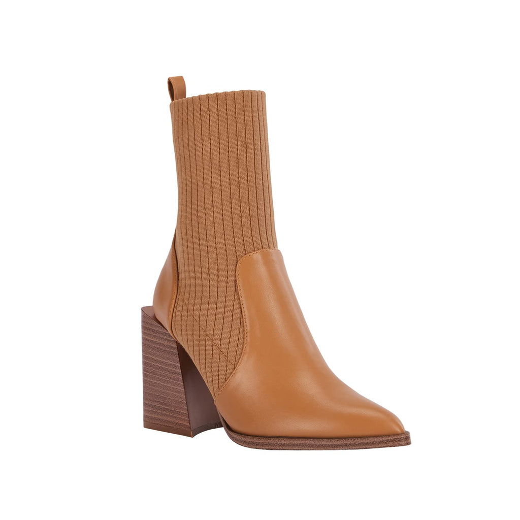 Womens Chunky Stacked Heel Ankle Boots Pointed Toe Booties Slip On Ribbed Knit Sock Boot