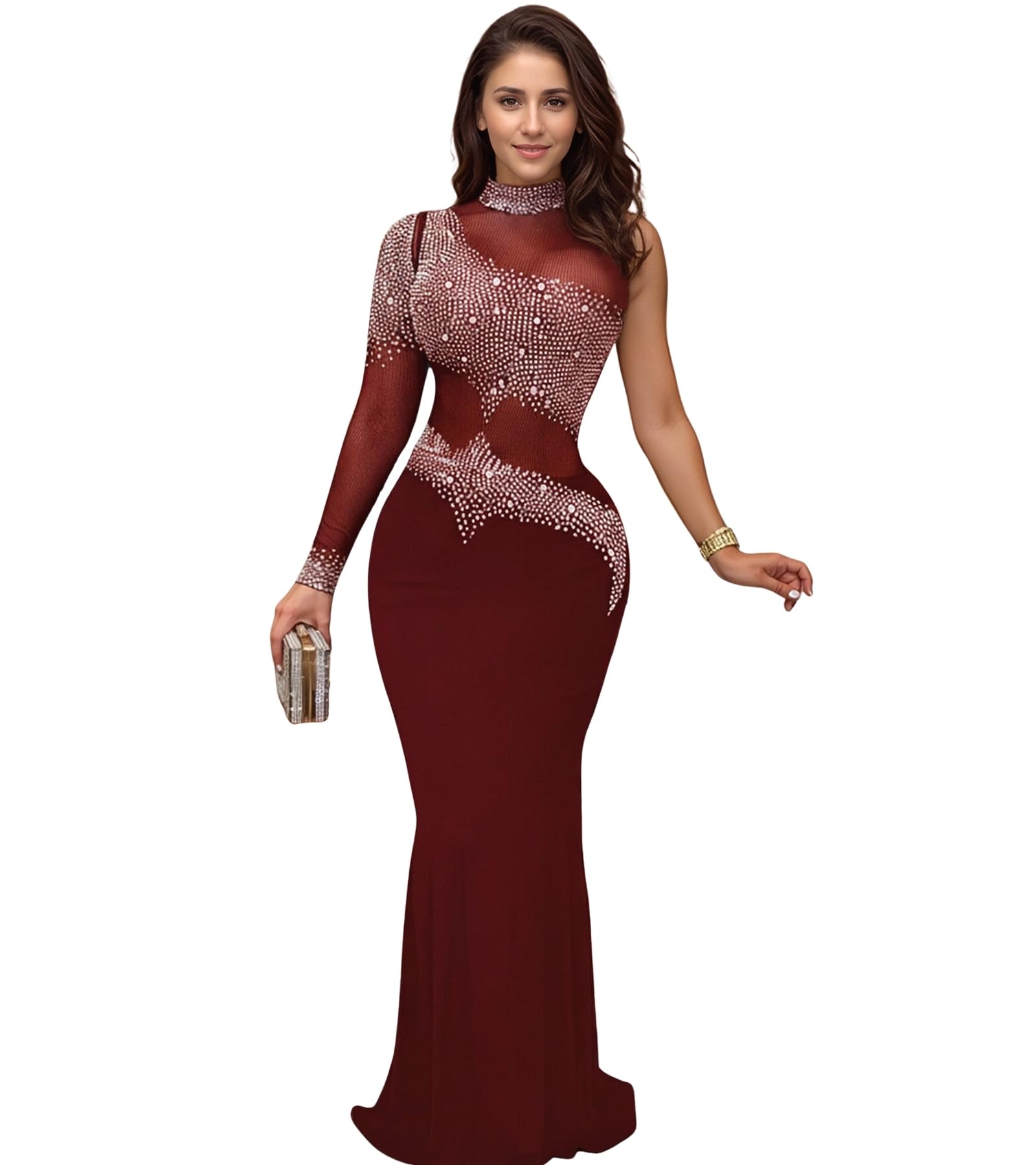 PORRCEY Women's Sexy Elegant Rhinestone Bodycon Dress Hot Drilling Clubwear