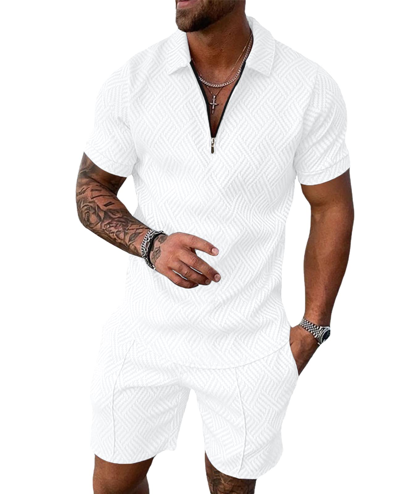 Aulemen Mens 2 Piece Zip Tracksuit Short Sleeve Set Summer Outfits for Men | Polo Shirt and Shorts Sets Activewear Short Set