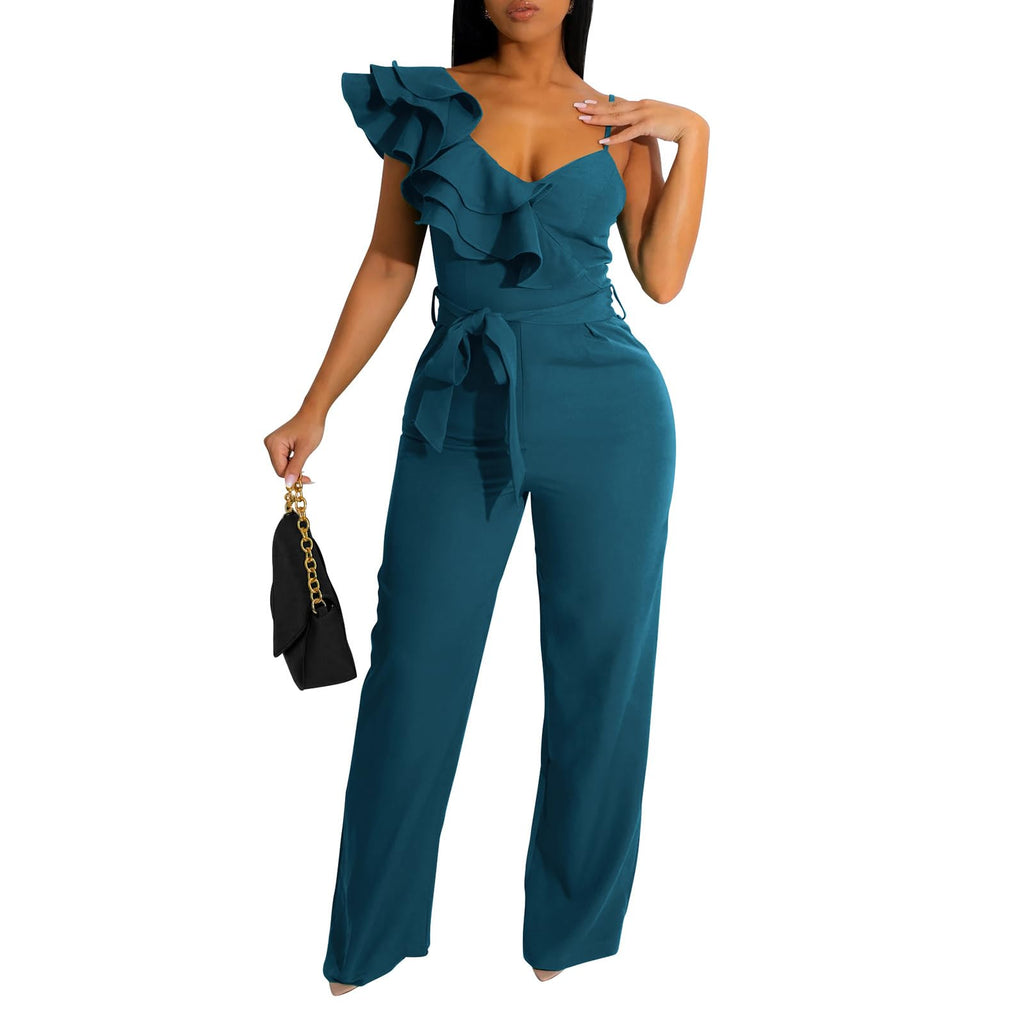 kaimimei Womens Casual Jumpsuits Ruffle One Shoulder Wide Leg Belted Romper | Designed with Pockets,Adjustable Strap,Sexy V-Neck Sleeveless,Backless,for Parties, Clubs,Wedding,Event,Outing