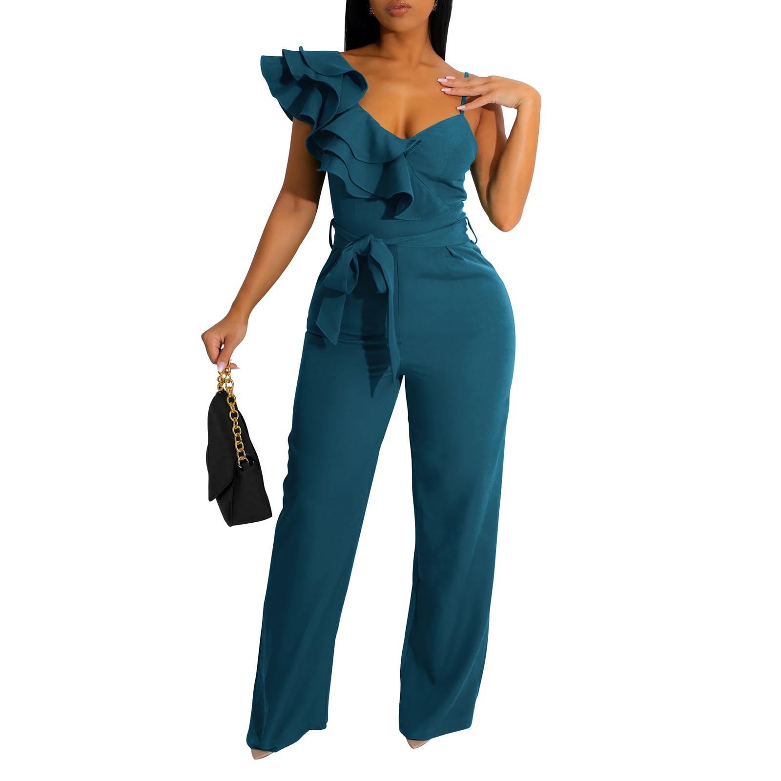 kaimimei Womens Casual Jumpsuits Ruffle One Shoulder Wide Leg Belted Romper | Designed with Pockets,Adjustable Strap,Sexy V-Neck Sleeveless,Backless,for Parties, Clubs,Wedding,Event,Outing