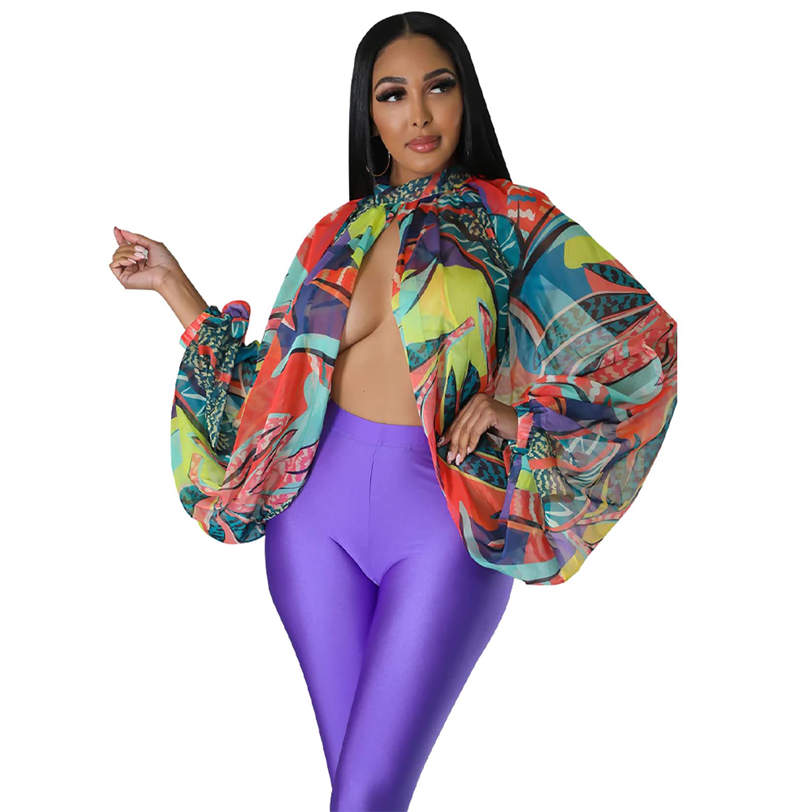 acelyn Women's Sexy See Through Chiffon Sheer Blouses Tops | Lantern Sleeve, Front Back Open, High Neck, Self Tie, Shawl Casual Shirts,Blouses Tops