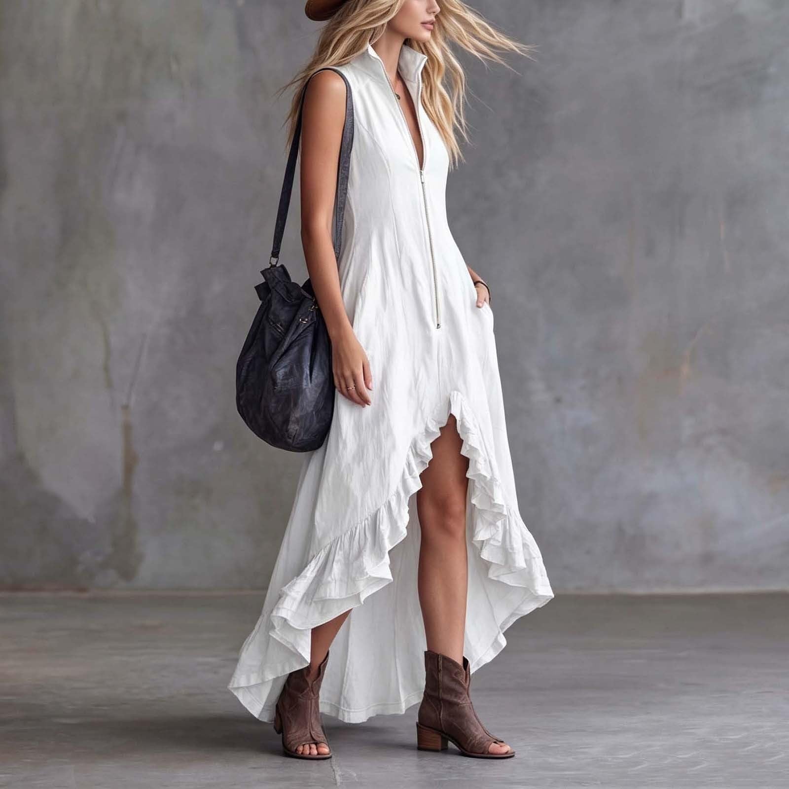 YMADREIG Boho Dresses for Women 2026 Cotton Linen Western Maxi Dress Summer Sleeveless High Low Ruffle Hem Dress with Pocket