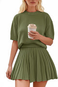 Womens 2 Piece Outfits 2026 Short Sleeve Crewneck Knit Tops And Pleated Mini Skirt Two Piece Sets