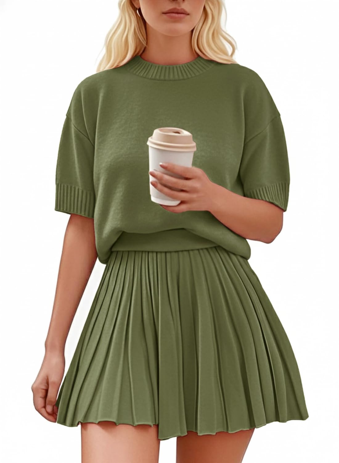 Womens 2 Piece Outfits 2026 Short Sleeve Crewneck Knit Tops And Pleated Mini Skirt Two Piece Sets