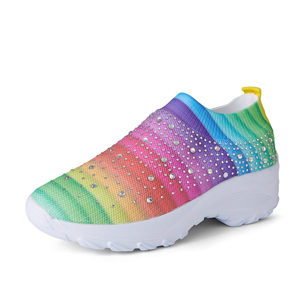 GOSPT Women's Mesh Sport Shoes Rhinestone Glitter Slip On Ballroom Jazz Latin Dance Sock Sneakers