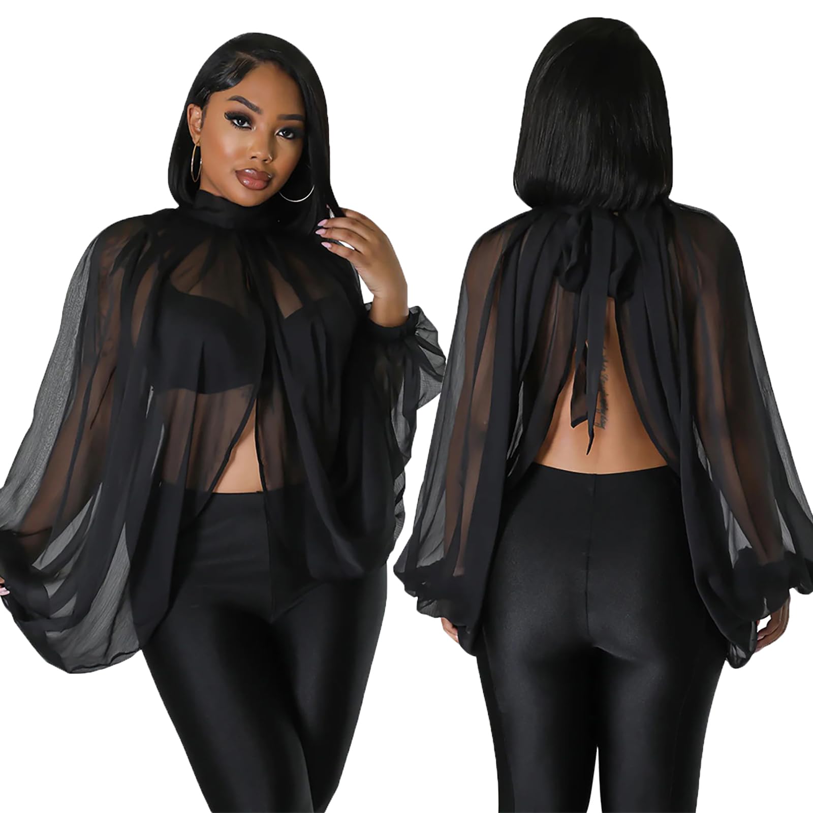acelyn Women's Sexy See Through Chiffon Sheer Blouses Tops | Lantern Sleeve, Front Back Open, High Neck, Self Tie, Shawl Casual Shirts,Blouses Tops