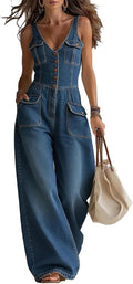 Denim Jumpsuit For Women Sleeveless V Neck Button Front Wide Leg Pants Casual Outfit