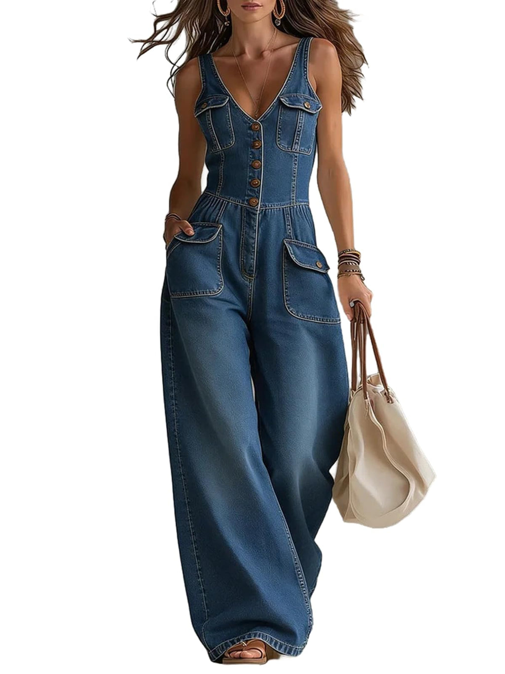 Denim Jumpsuit For Women Sleeveless V Neck Button Front Wide Leg Pants Casual Outfit