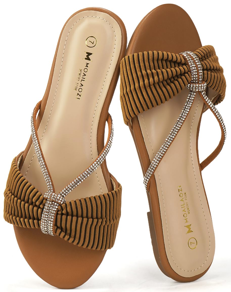 Women's Sandals Rhinestone Strappy Slides With Soft Memory Foam Insole, Dressy Open Toe Beach Slippers Flats for Summer