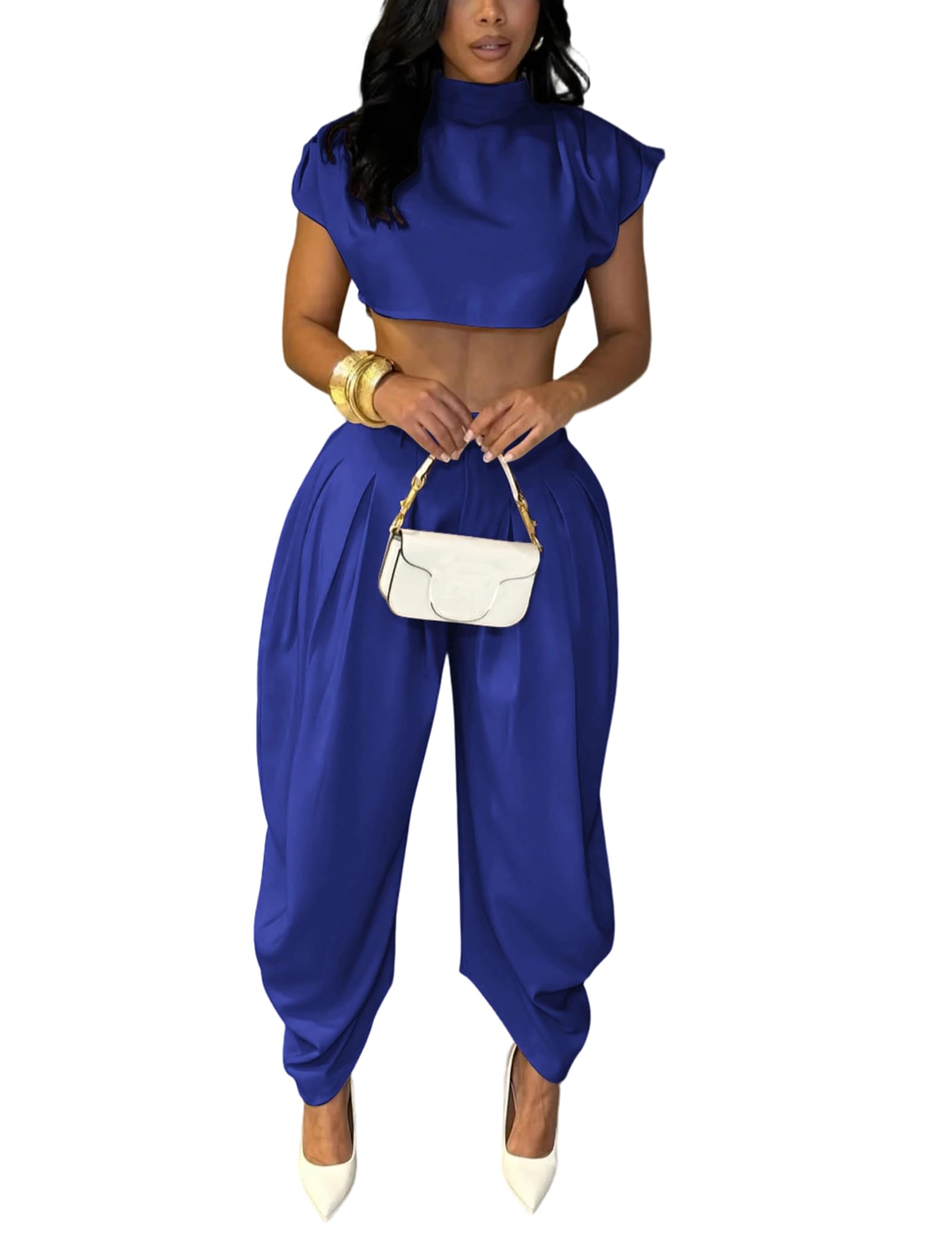 Ekaliy Womens Casual 2 Piece Outfits Cap Sleeve Crop Top Palazzo Pants Set | Mock Neck,Short Sleeve,Zipper-Back Crop Top,High-Waisted Pleated Pants,Wide Leg Dress Pants,2 Piece Sets For Women Dressy