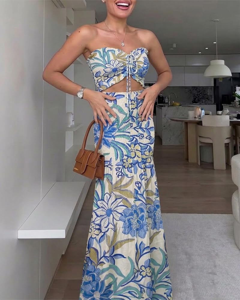 CHICME Floral Vacation Dress Halter Tie Ruched Womens Maxi Dress | Sleeveless Slim Dress, 3-Way Tie: Halter, Bow or Strapless,Ruffle Mermaid Hem for Party,Vacation,Wedding Guest