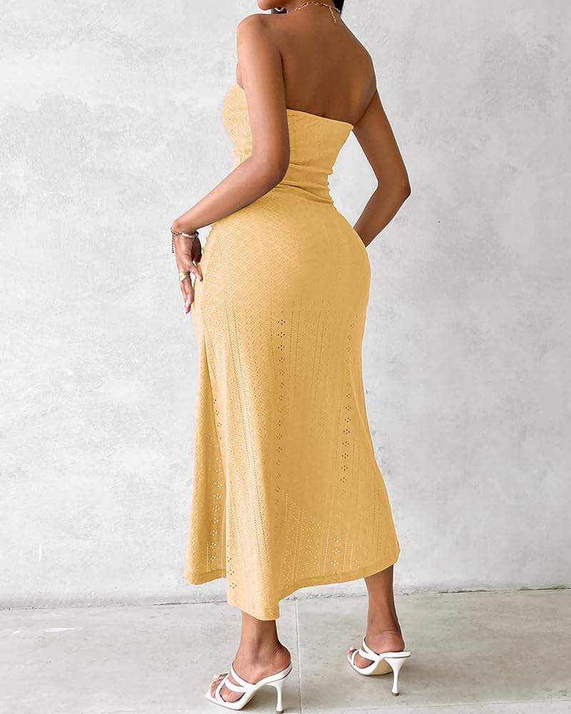 CHICME Women's Strapless Bodycon Maxi Dress Asymmetrical Hem | Ruched Wrap Detail, Eyelet Embroidery, Soft Stretch Fabric, Tube Top Neckline, Beach Vacation Wear, Wedding Guest Outfit