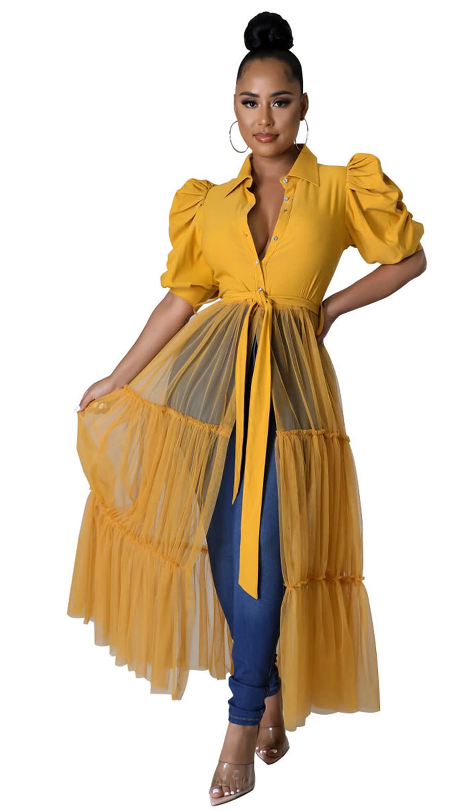 Ekaliy Women's Ruffle Blouse Shirt Asymmetrical Tunic Dress with Belt | Short sleeve,Bodycon,Ruffle,Club ,Party outfits,Asymmetrical Irregular Hem,Tops Blouse Shirt Dress