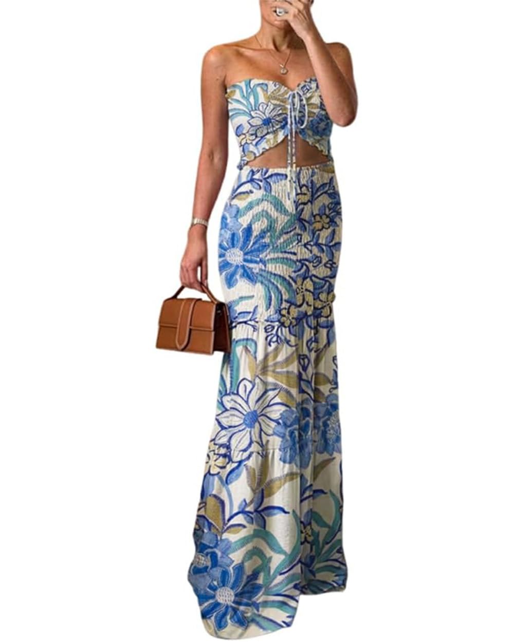 CHICME Floral Vacation Dress Halter Tie Ruched Womens Maxi Dress | Sleeveless Slim Dress, 3-Way Tie: Halter, Bow or Strapless,Ruffle Mermaid Hem for Party,Vacation,Wedding Guest