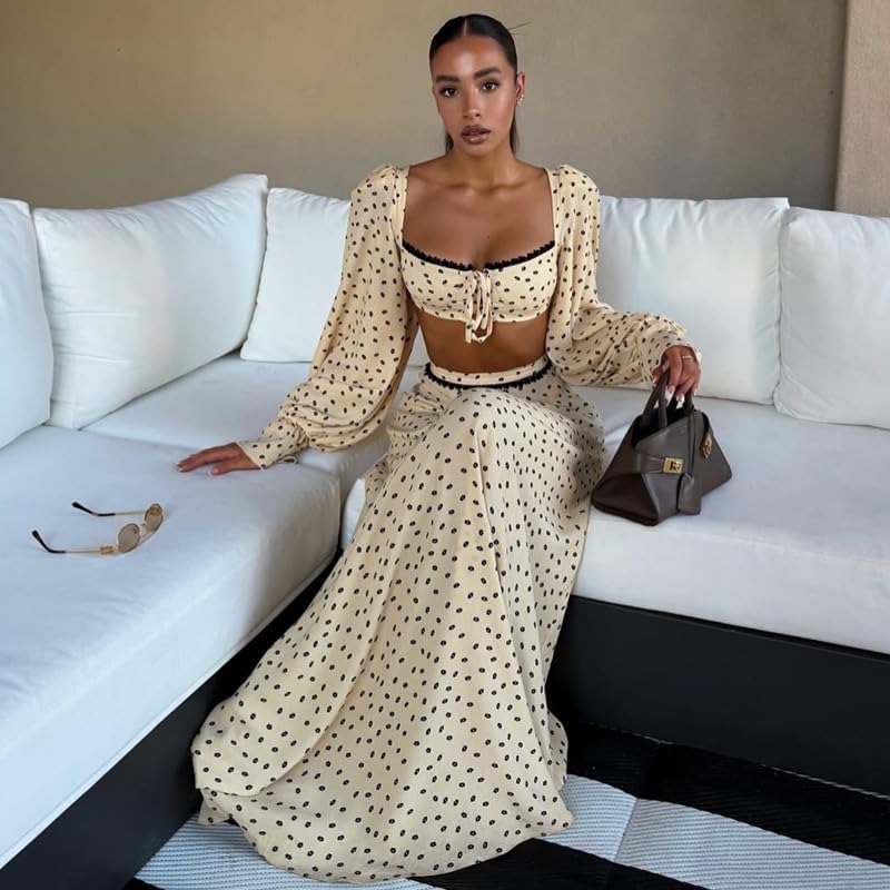 THLAI Womens Boho Two Piece Polka Dot Crop Top & Maxi Skirt Set With Long Sleeve Shrug Vacation Outfit